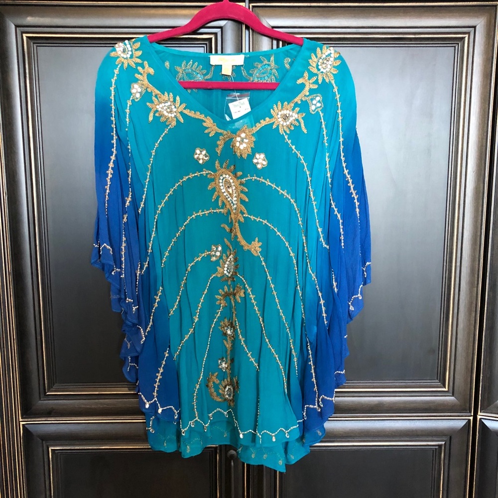 NWT blue and gold kimono beaded top